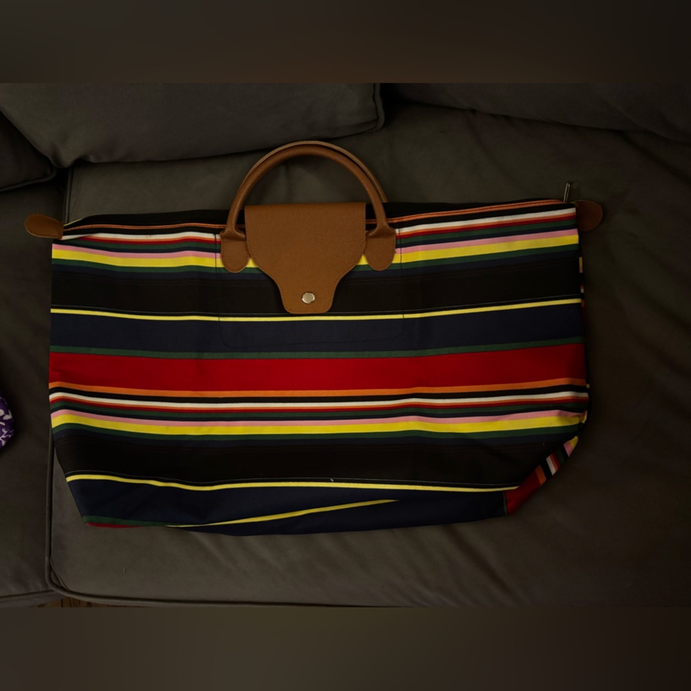 Striped Weekend Tote Bag with Brown Handles